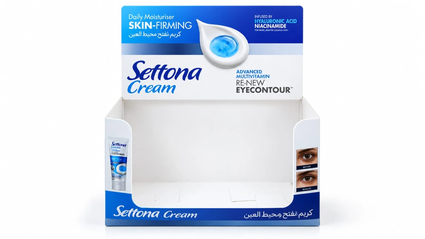 ستاند عرض كرتوني لمنتج Settona Cream للعناية بمحيط العين باللونين الأزرق والأبيض
