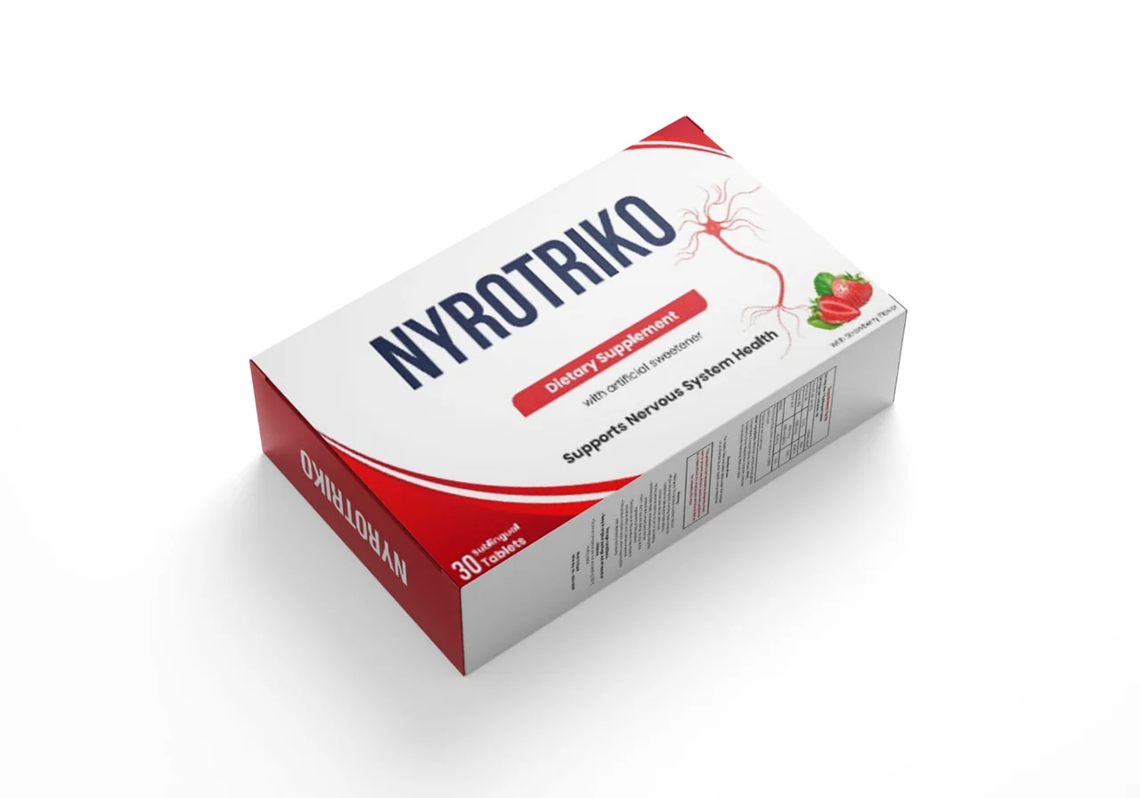 نموذج علبة منتج صحي NYROTRIKO بخلفية بيضاء وتفاصيل حمراء